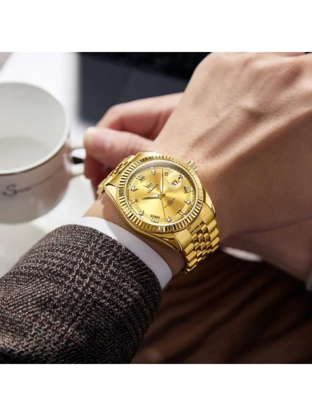 Men's Gold Two Tone Diamond Classic Analog Stainless Steel Waterproof Watch